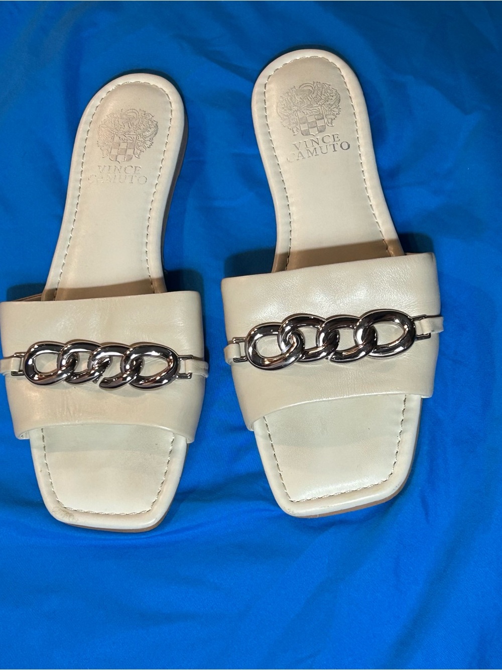 Vince Camuto Cream Slide Sandals with Chain Accent